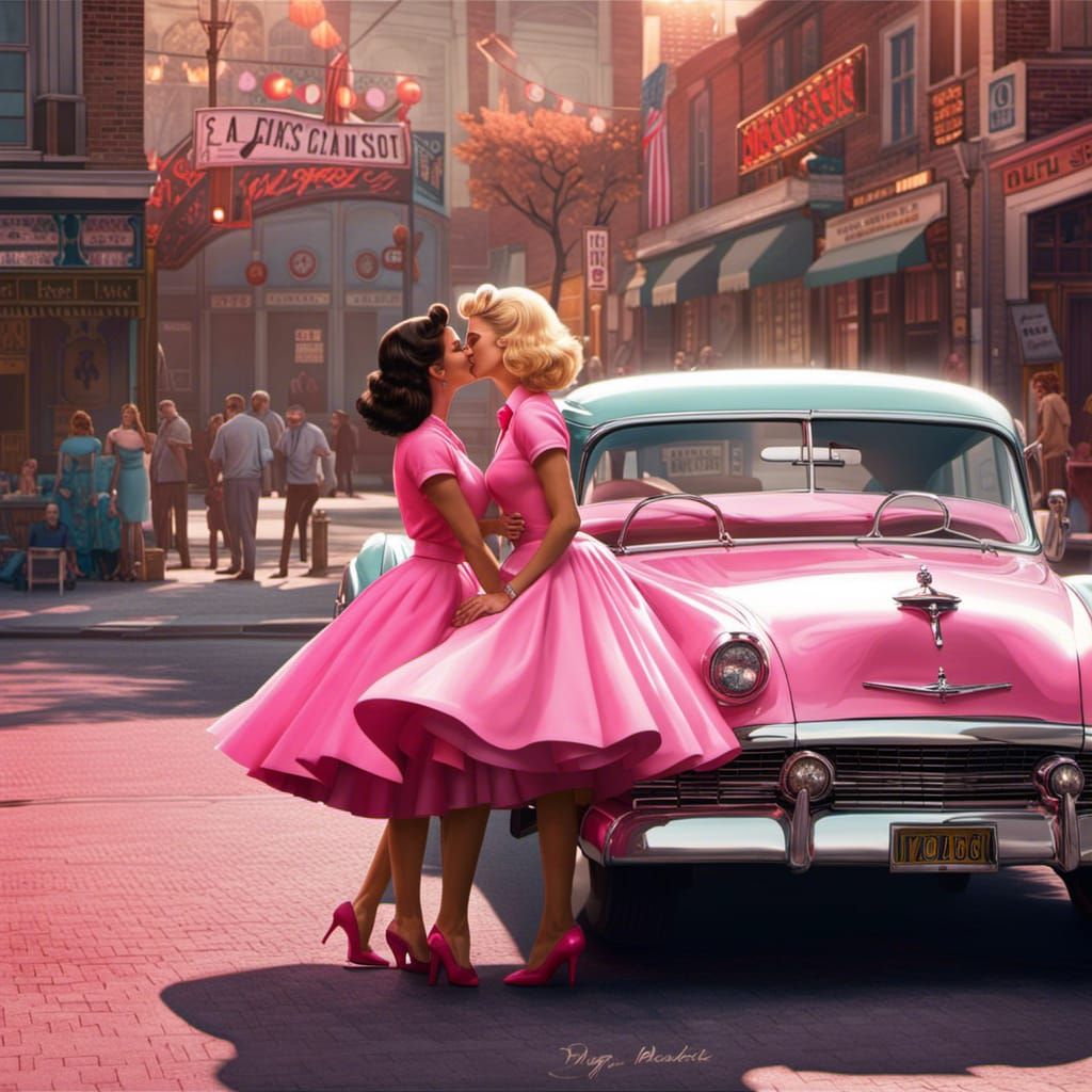 1950s Girls Kissing, Hyperdetailed Concept Art