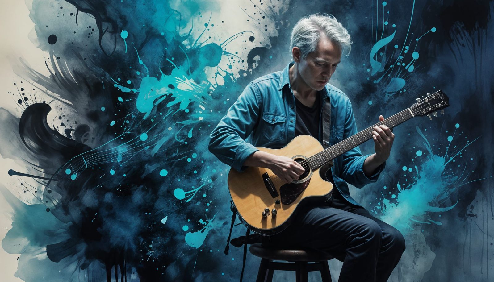 Ethereal Guitarist in Vibrant Turquoise and Blue