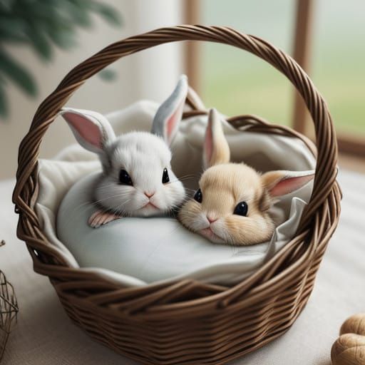 Fluffy Bunnies in Wicker Basket