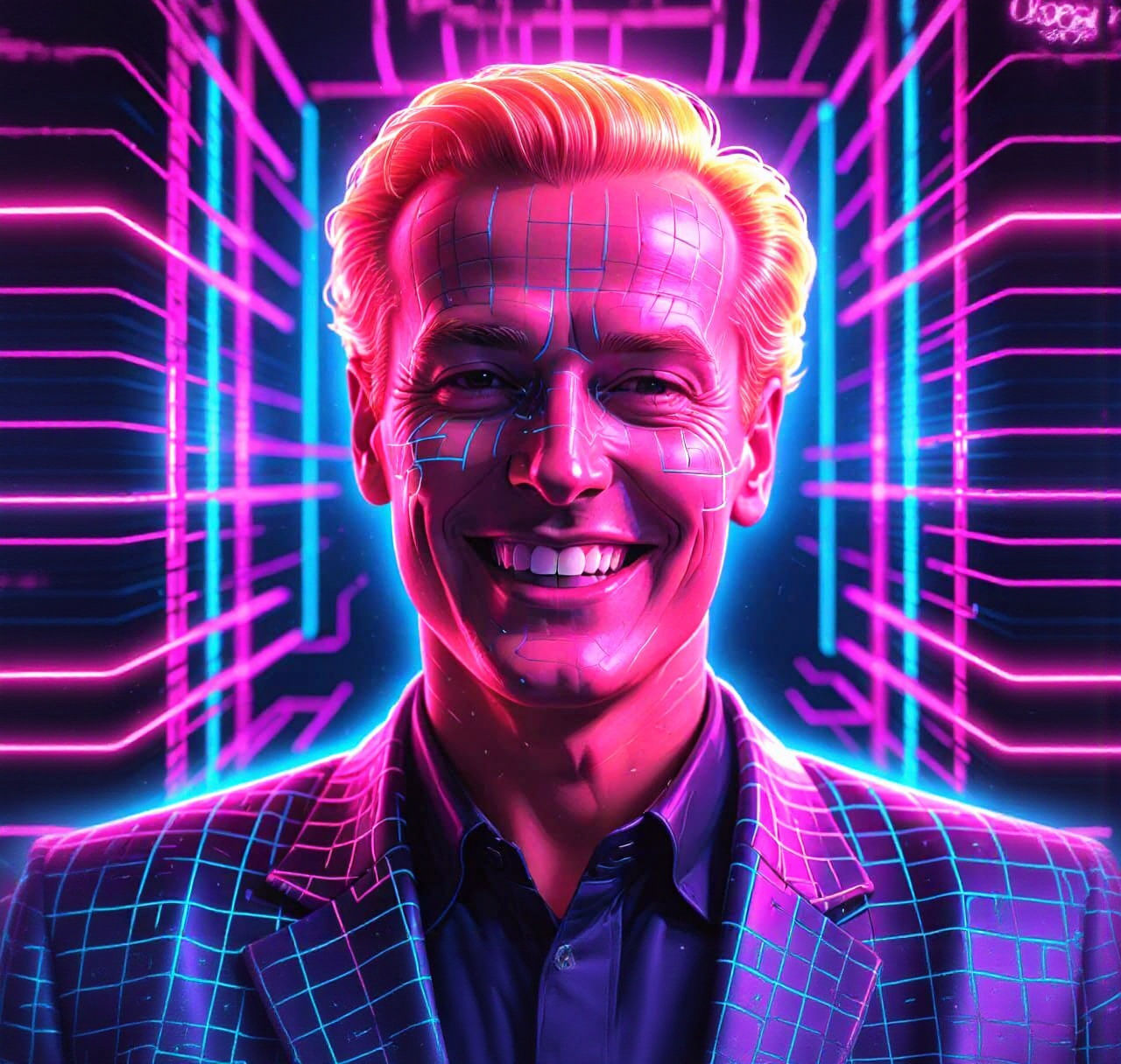 Max Headroom in Cyber Grid: Synthwave Neon Portrait