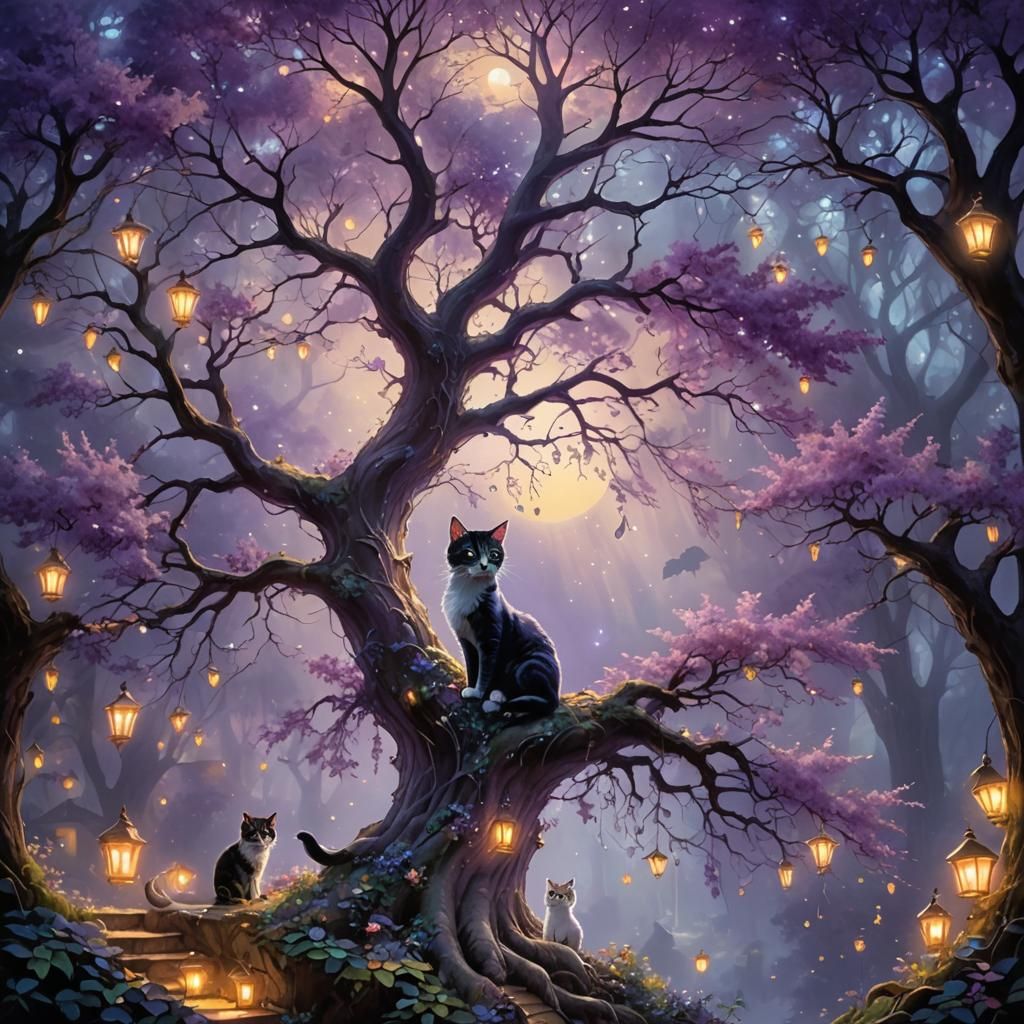 Magical Tree with Iridescent Leaves and Cats