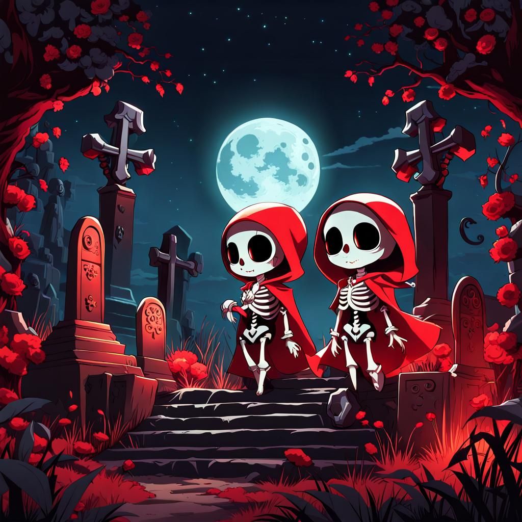 Chibi Skeletons Play in Cemetery, Anime Style