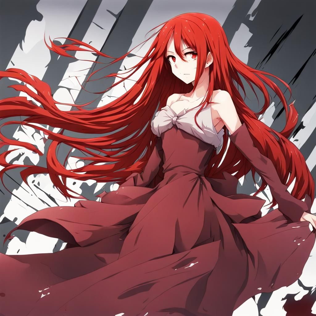 Anime Girl with Red Hair and Torn Dress