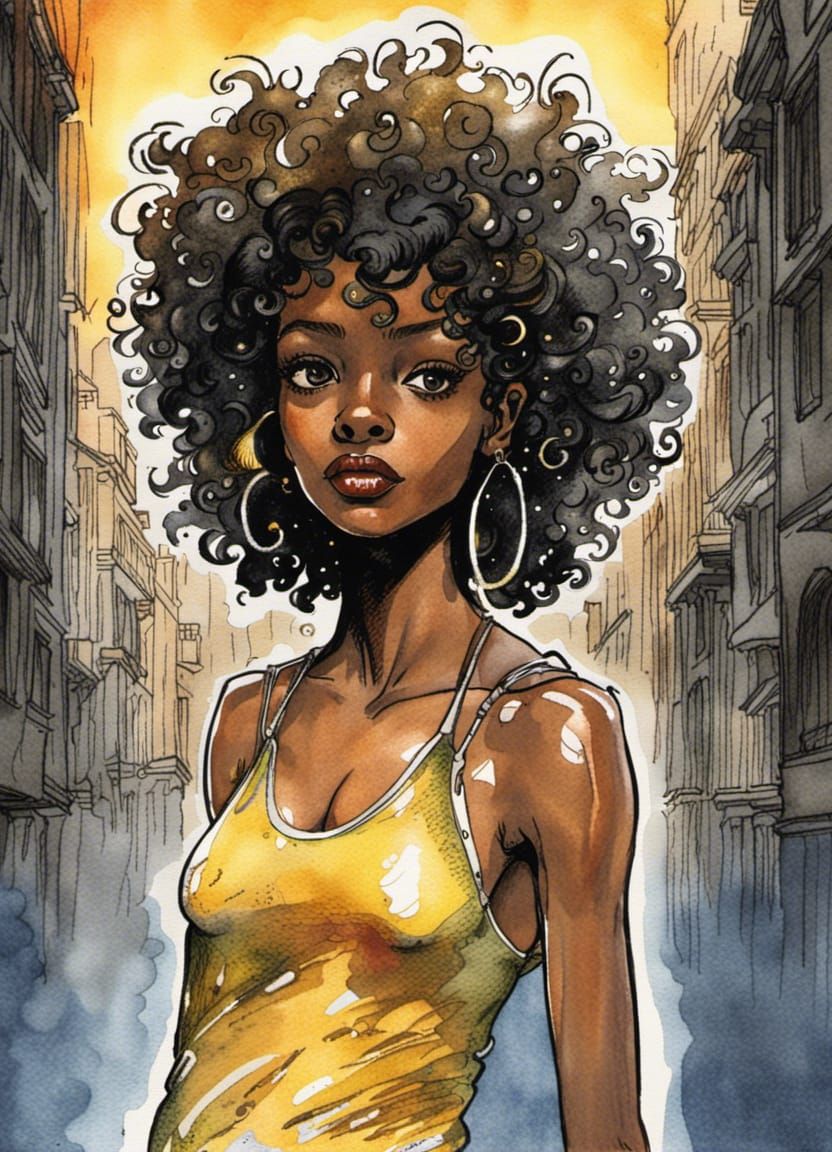 Vibrant Watercolor Sketch of a Glittering Black Girl