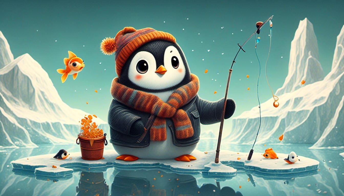 Cute Penguin Ice Fishing in Winter Tale Style