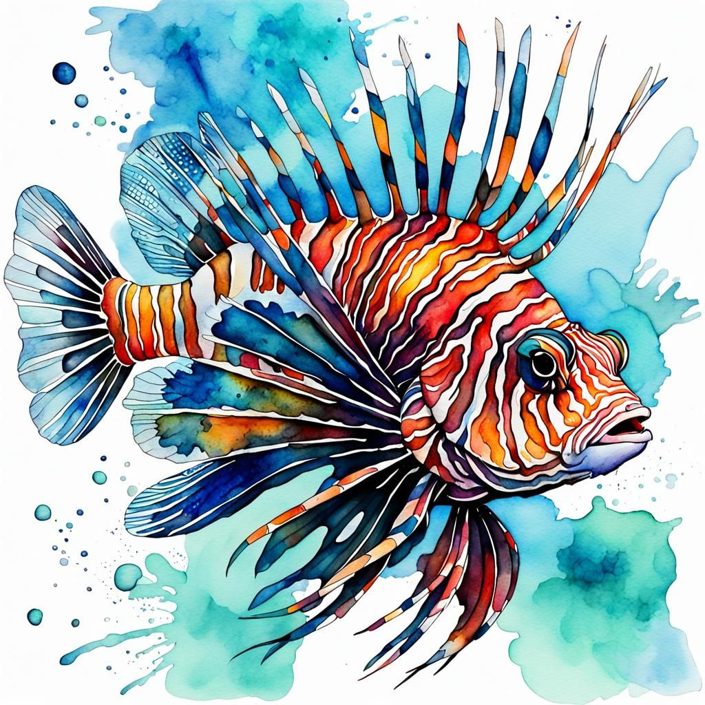 Watercolor Lionfish Abstract Art with Fine Details