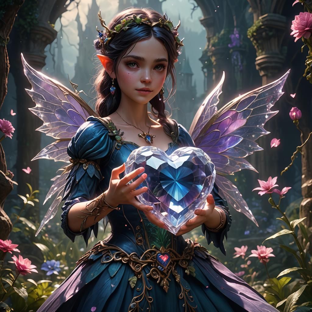 Fairy Holding Crystal Heart in Detailed Matte Painting