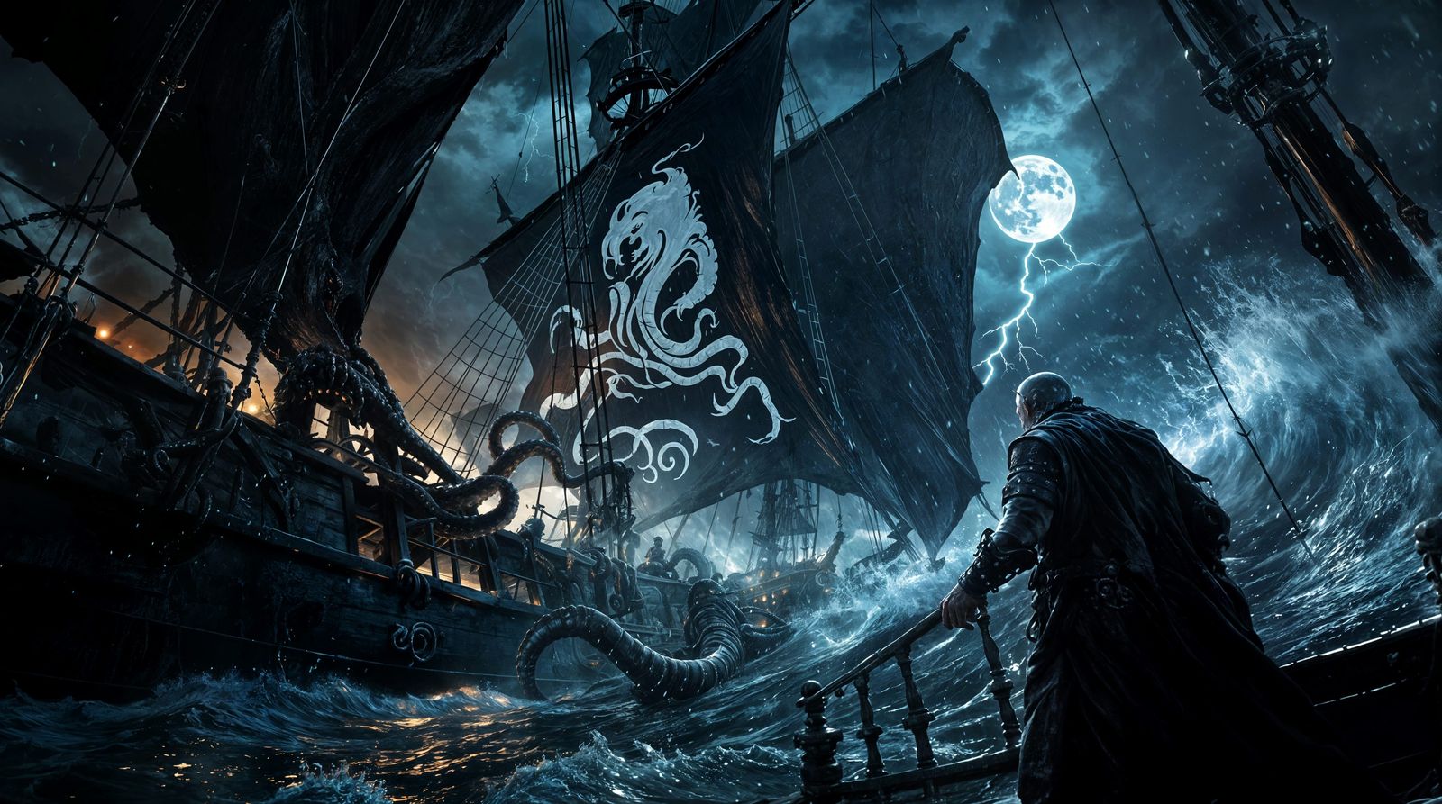 Galleon's Last Stand Against Kraken in Ocean Storm