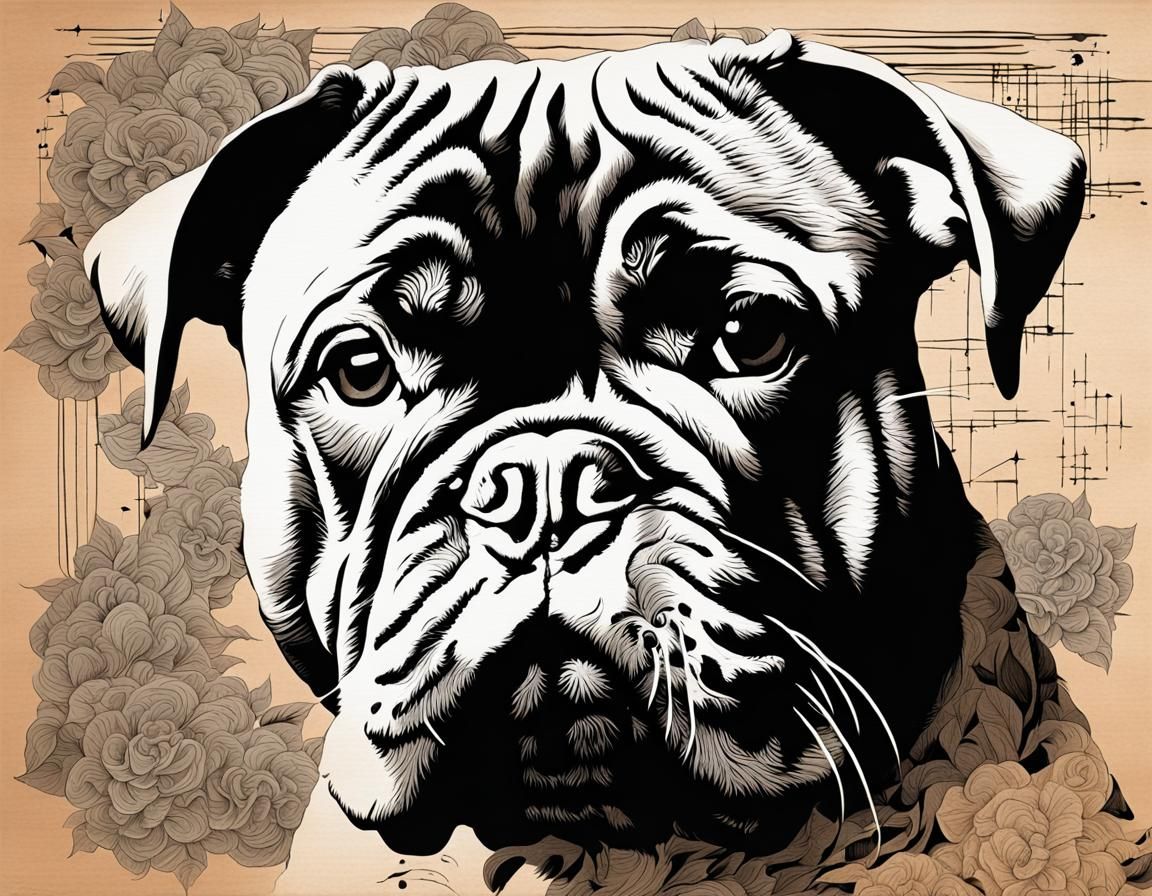 British Bulldog in Japanese Charcoal Abstract Art