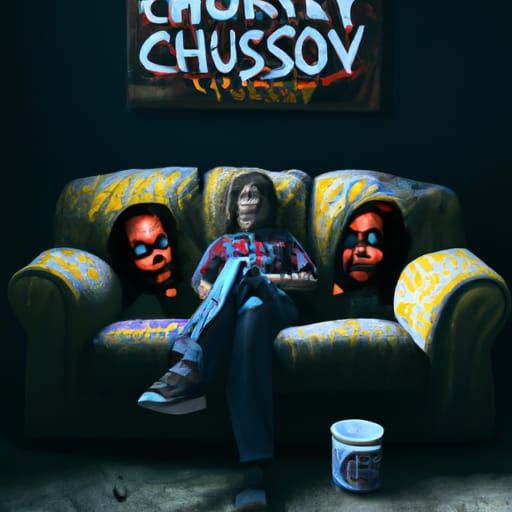 Jason Voorhees and Chucky on Couch: Photorealistic Art