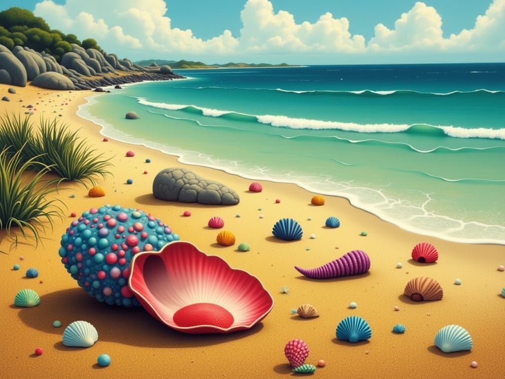 Surreal Beach Scene with Delicate Sea Shells in Vibrant Colo...