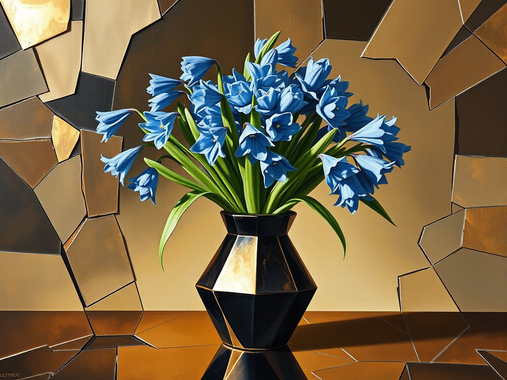 Bluebells in Geometric Vase: Cubist Oil Painting