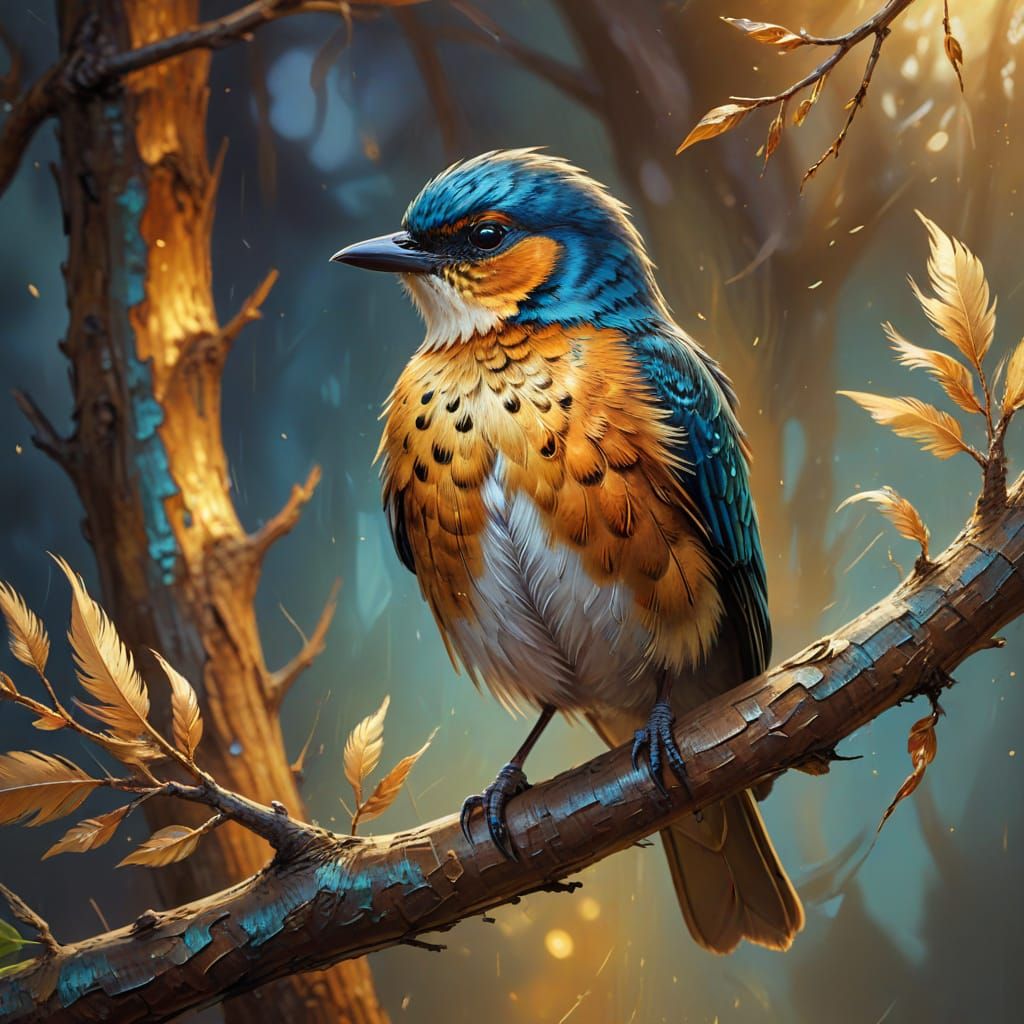 Bird on Branch in Vibrant Oil Painting Style
