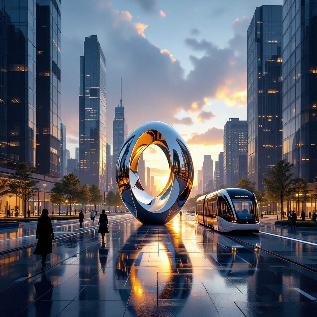 Futuristic Plaza at Golden Hour After Rain