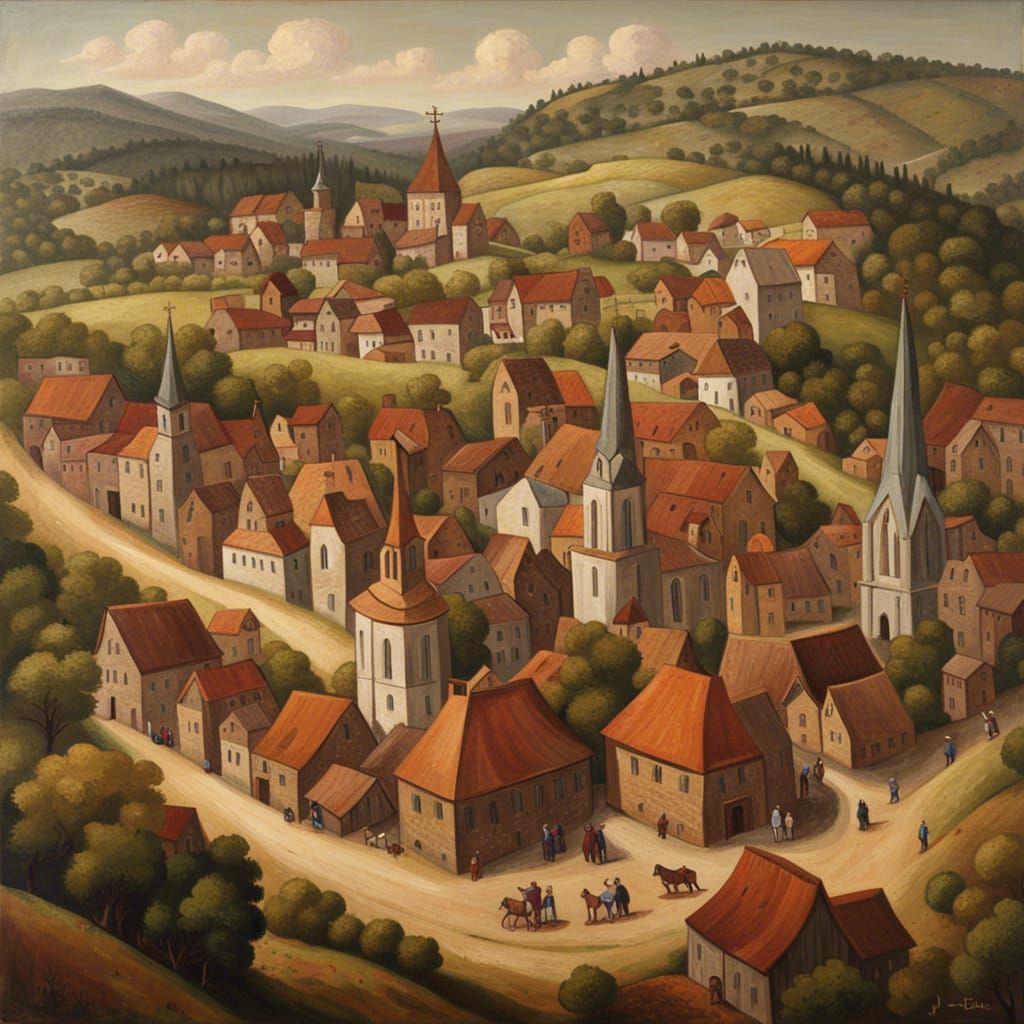 Medieval Townscape Oil Painting