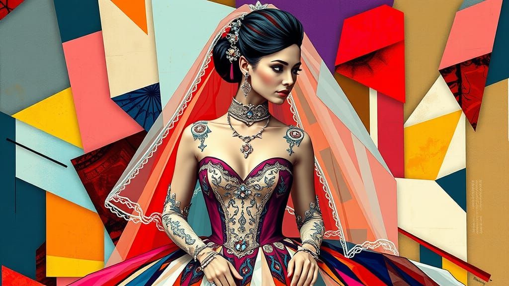 Bride in Opulent Gown, Neo-Cubist Style