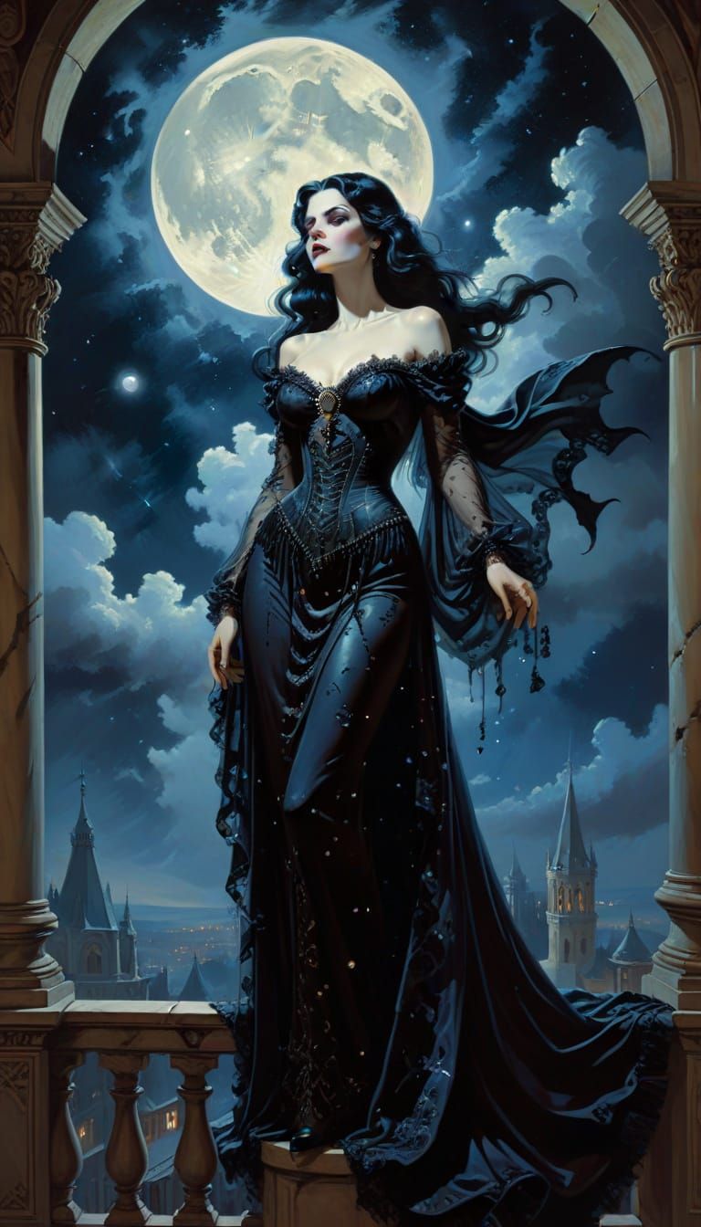 Gothic Vampire Countess Overlooks Ancient City