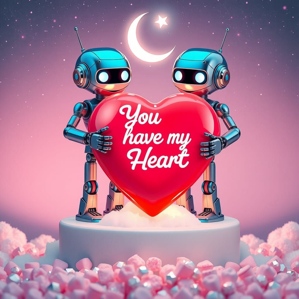 Whimsical Robot Duo Holds Giant Heart-Shaped Candy in a Clou...