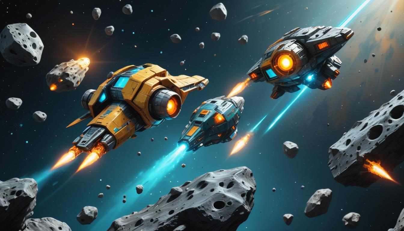 Spaceship Race Near Asteroid Field in Comic Art Style