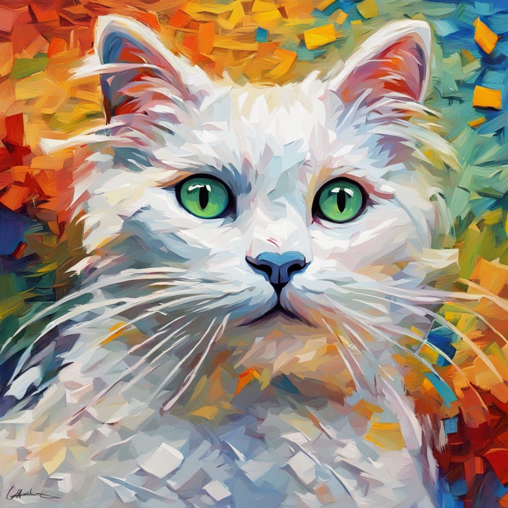 White Cat on Textured Paint Canvas in Neo-Impressionist Styl...