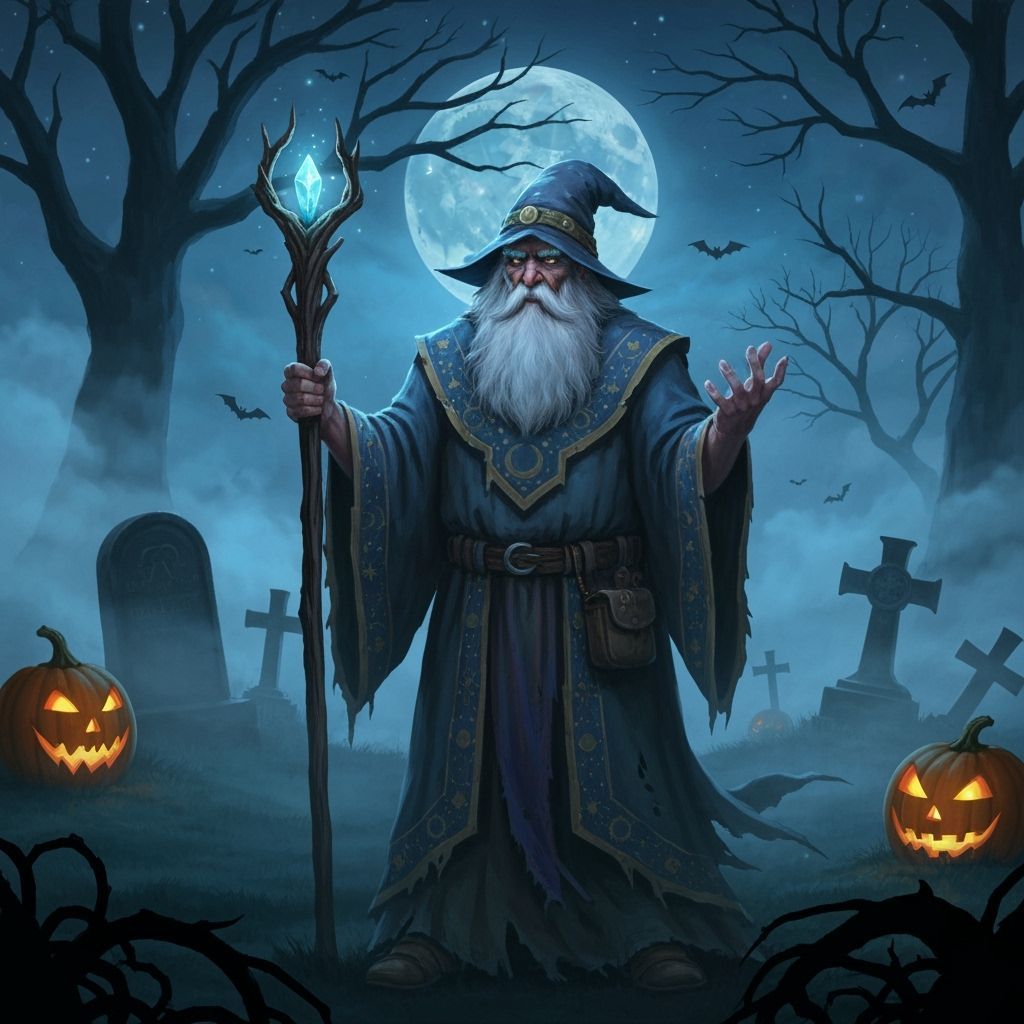 Wise Wizard in Misty Graveyard on Halloween Night