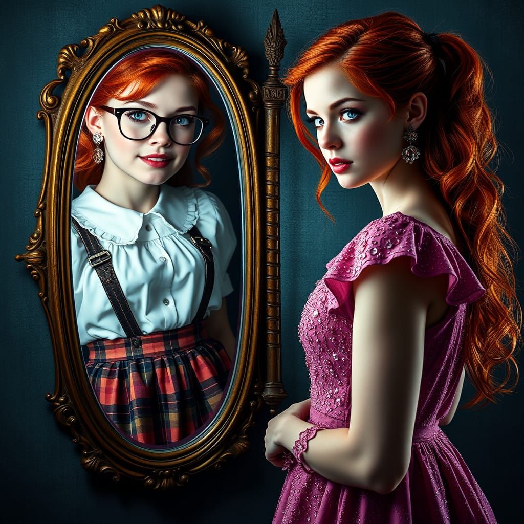 Young Woman Faces Dual Reflections in Mysterious Mirror