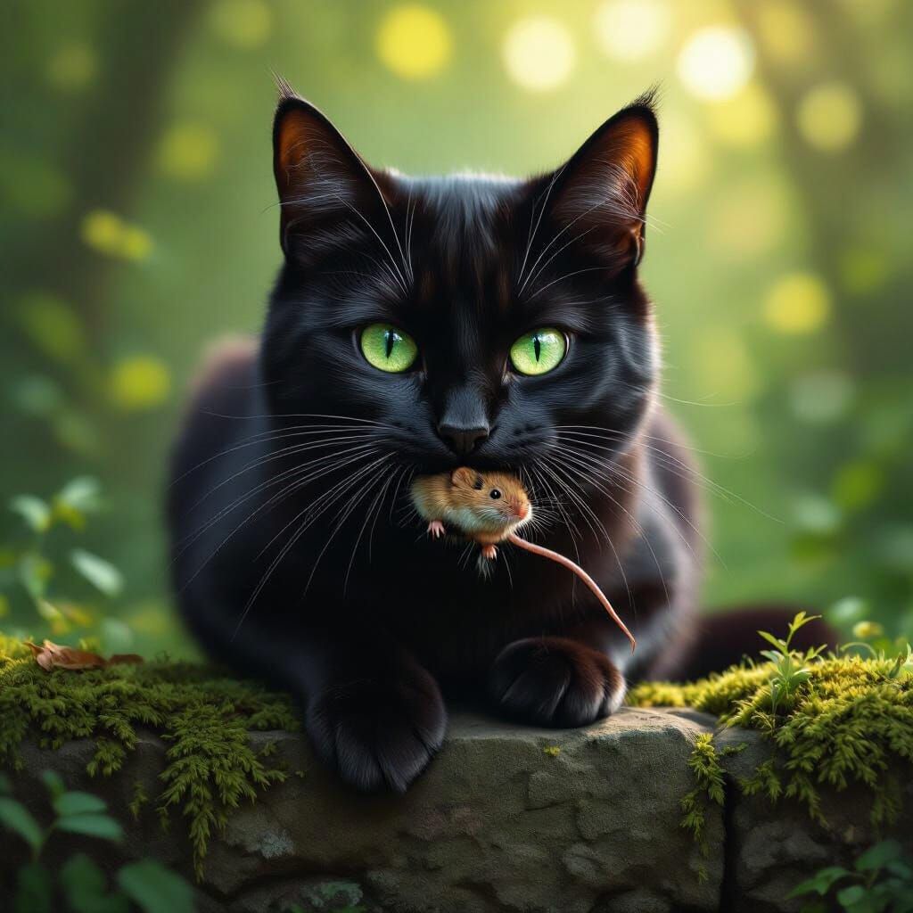 Black Cat with Mouse in Forest Clearing