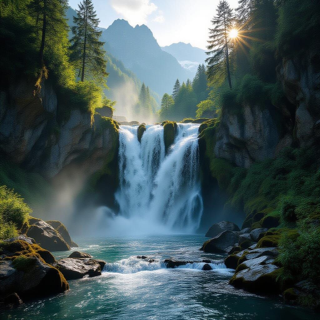 Alpine Waterfall in Golden Hour Light