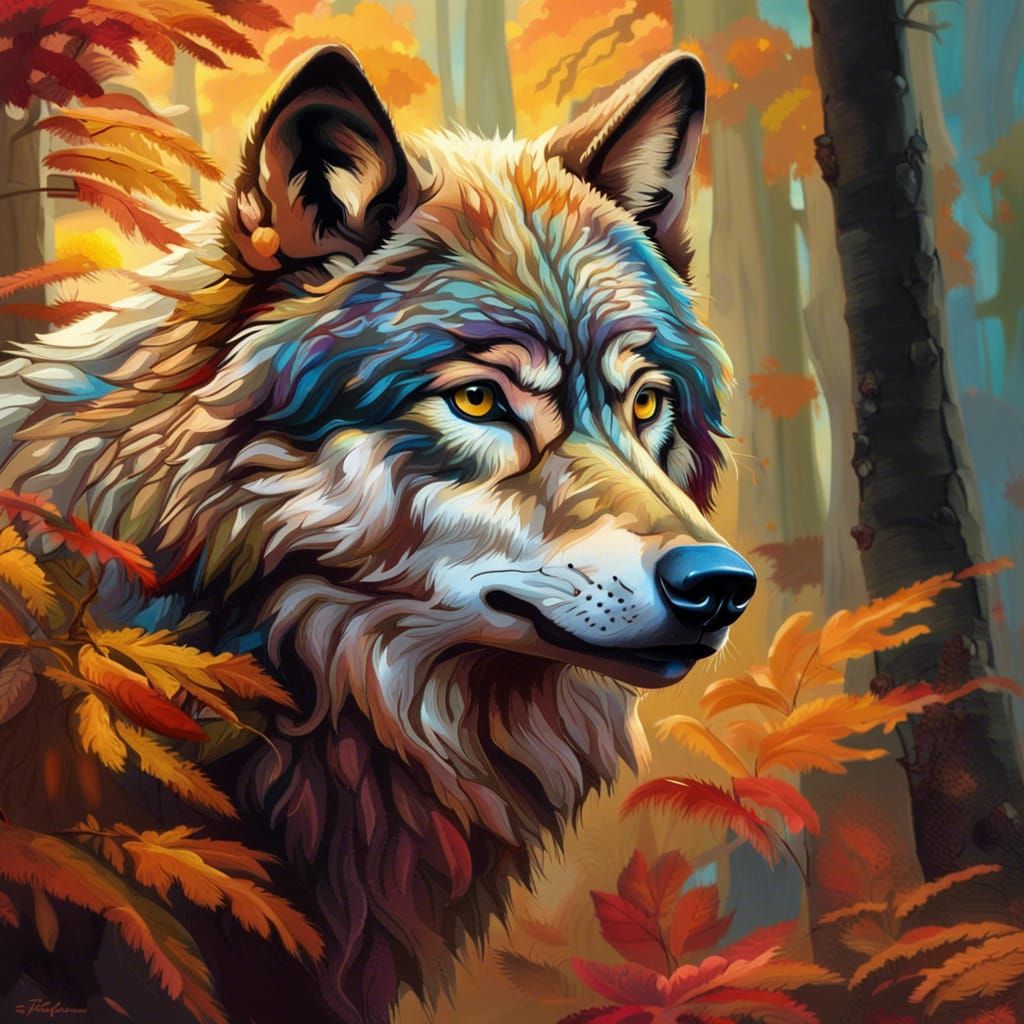 Majestic Wolf in Autumn Forest: Hyperrealistic Splash Art