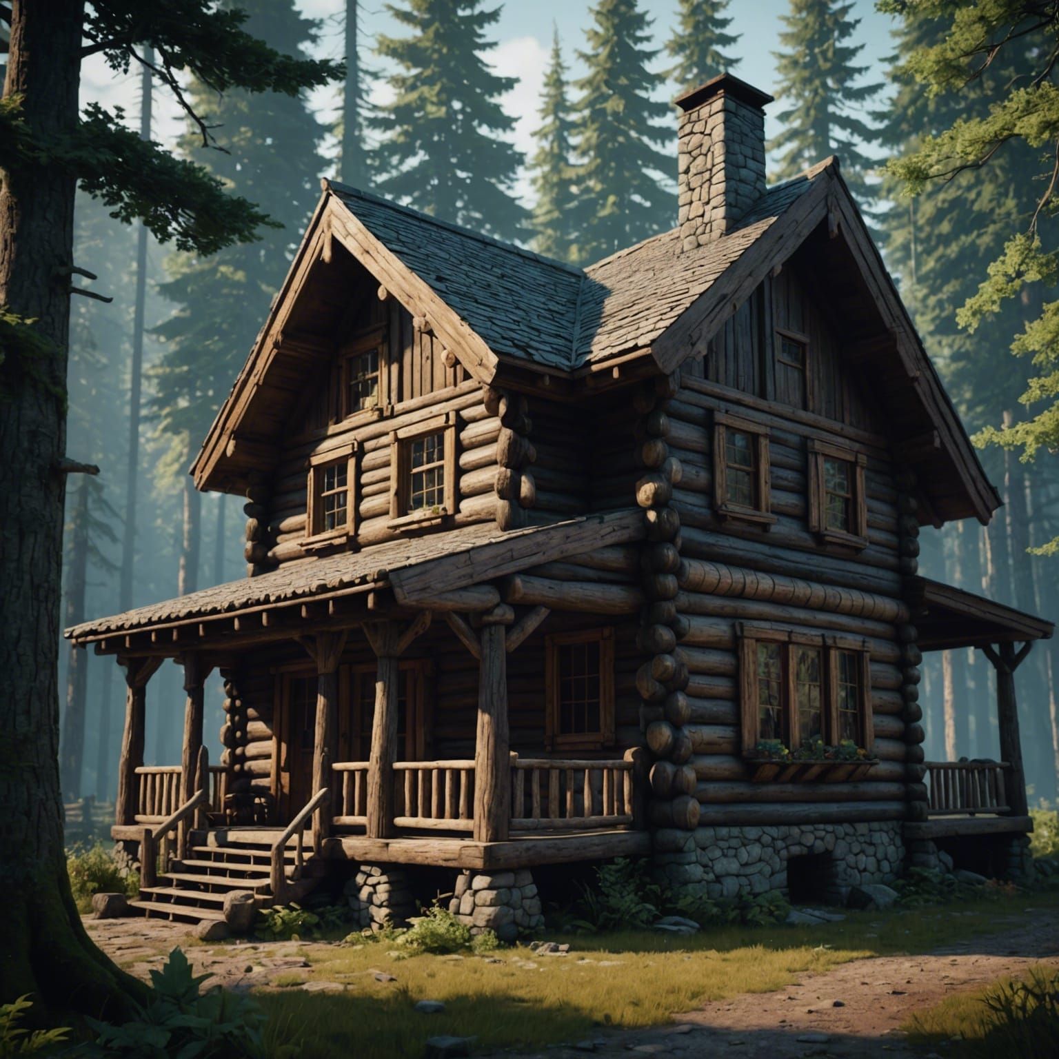 Log Cabin in Woods: Detailed Matte Painting