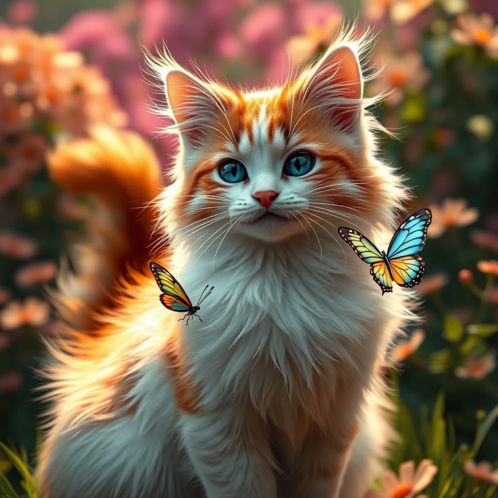 HYPER REALISTE Arrière plan jardin fleuri. Un chat DRÔLE sou...