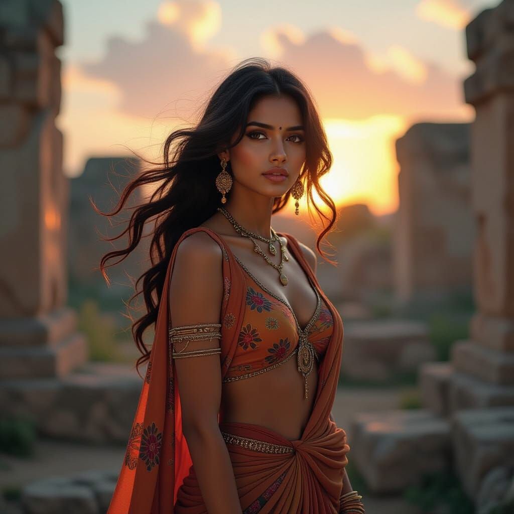 Tamil Woman in Cyberpunk Ruins at Sunset
