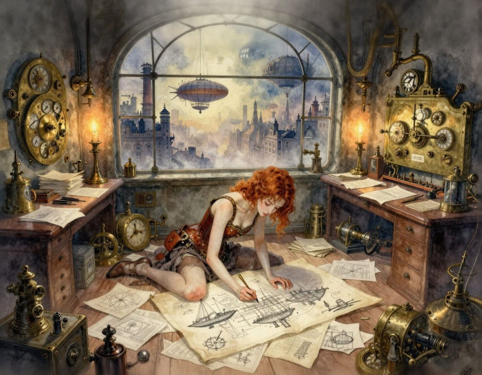 Steampunk Artist Designs Airship Blueprint in Candlelit Stud...