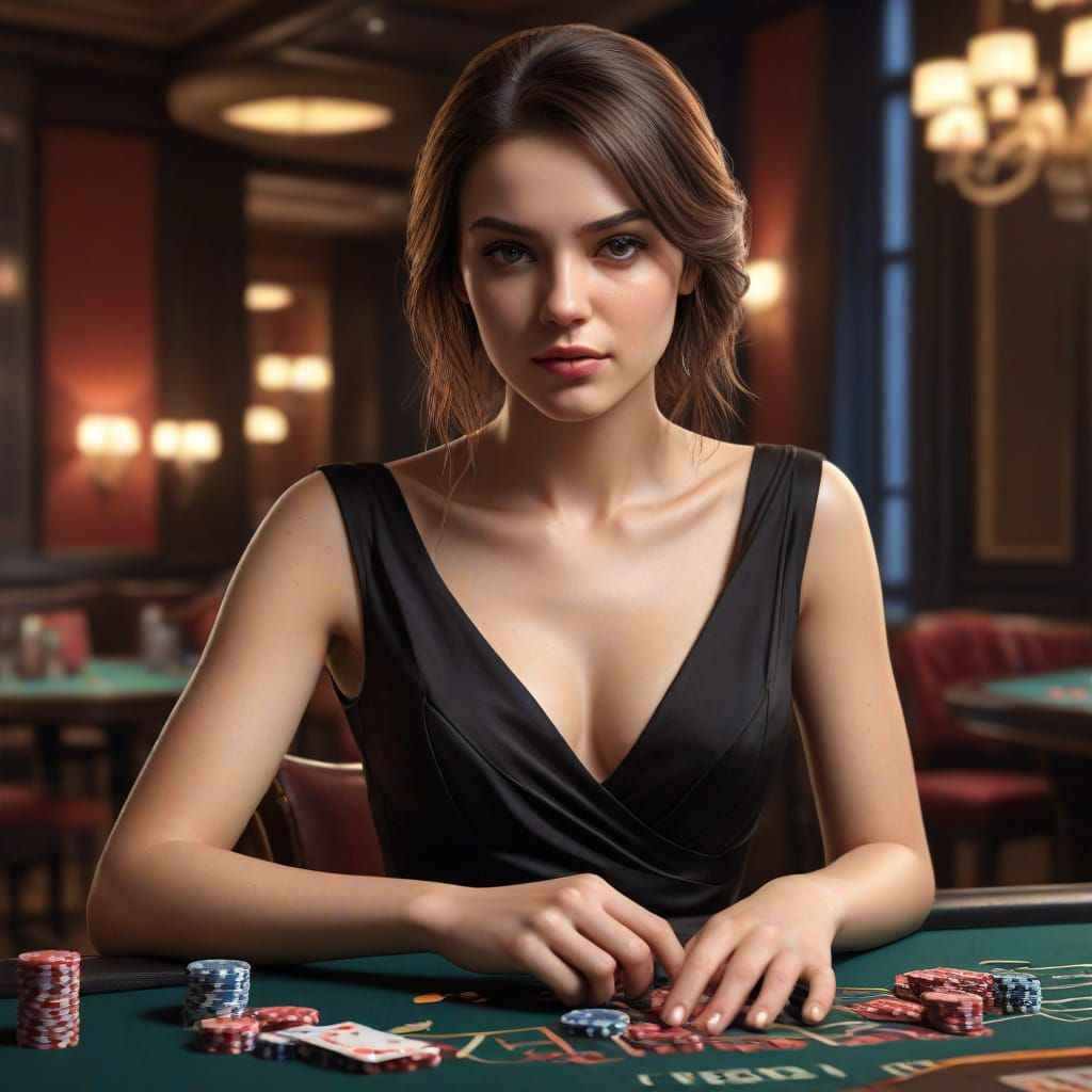 Confident Woman in High-Stakes Poker Game, Hyperrealistic Co...