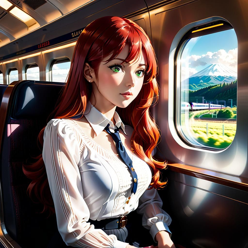 Anime Woman on Train Watching Japanese Scenery