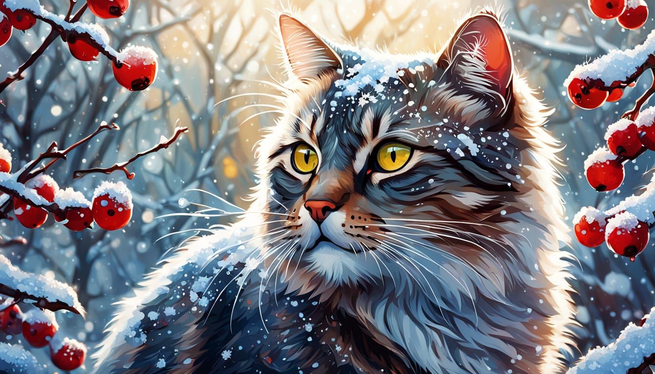 Playful Cat in Winter Garden Comic Book Art