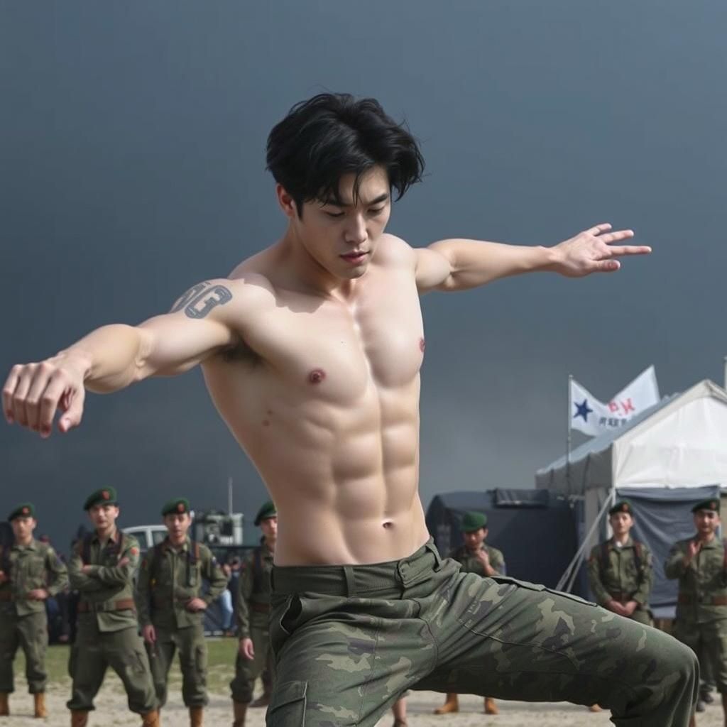 A dynamic image of sweaty Jaehyun breakdancing shirtless dur...