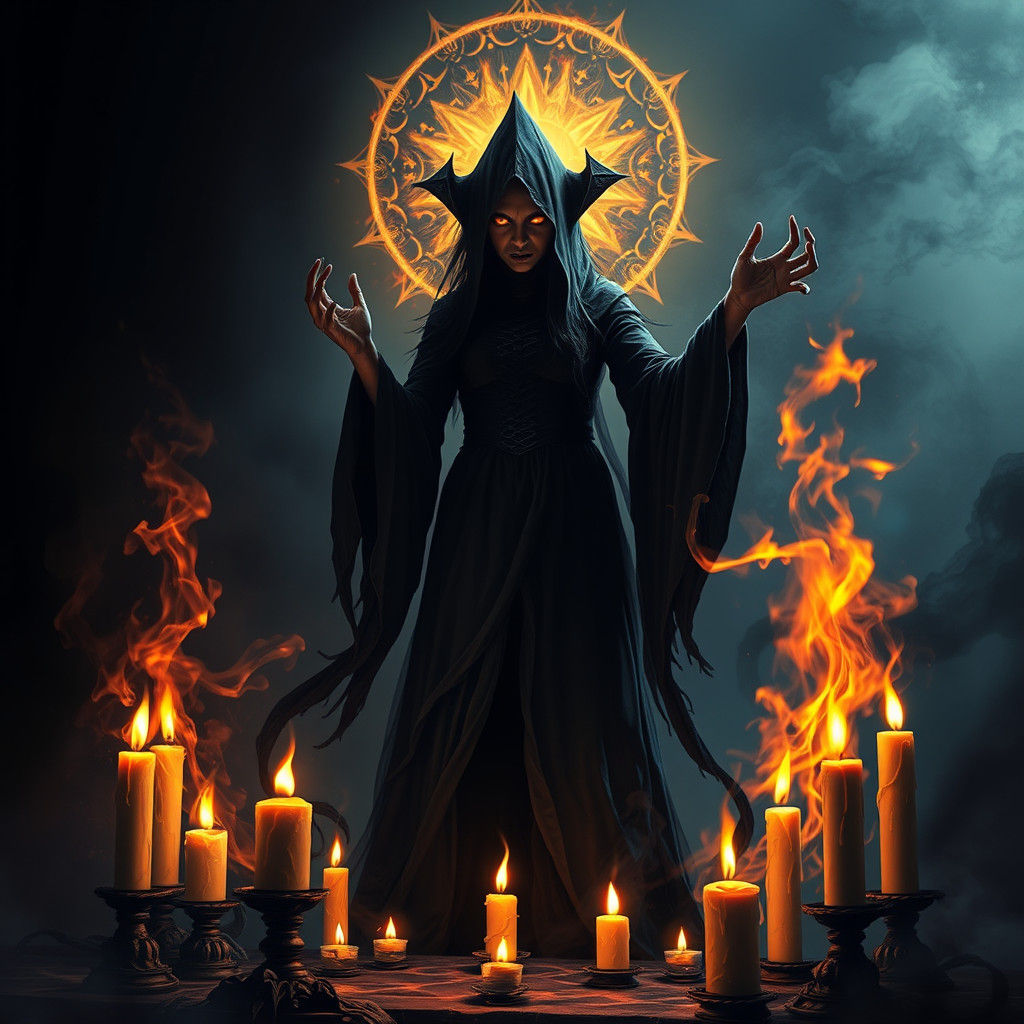 Mystical Sorceress Summons Dark Energy, Gothic Illustration