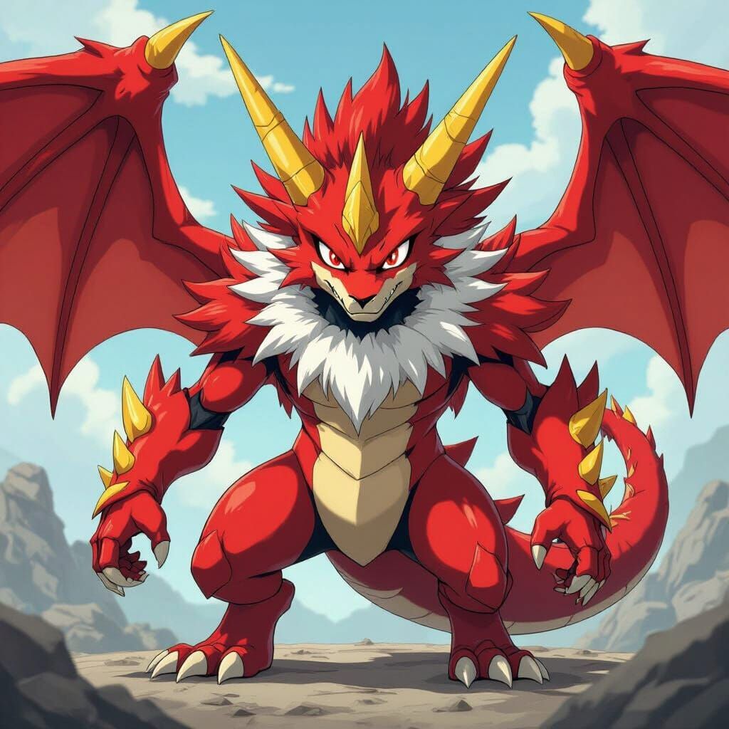 Fierce Red Dragon-Humanoid Digimon with Yellow Horns