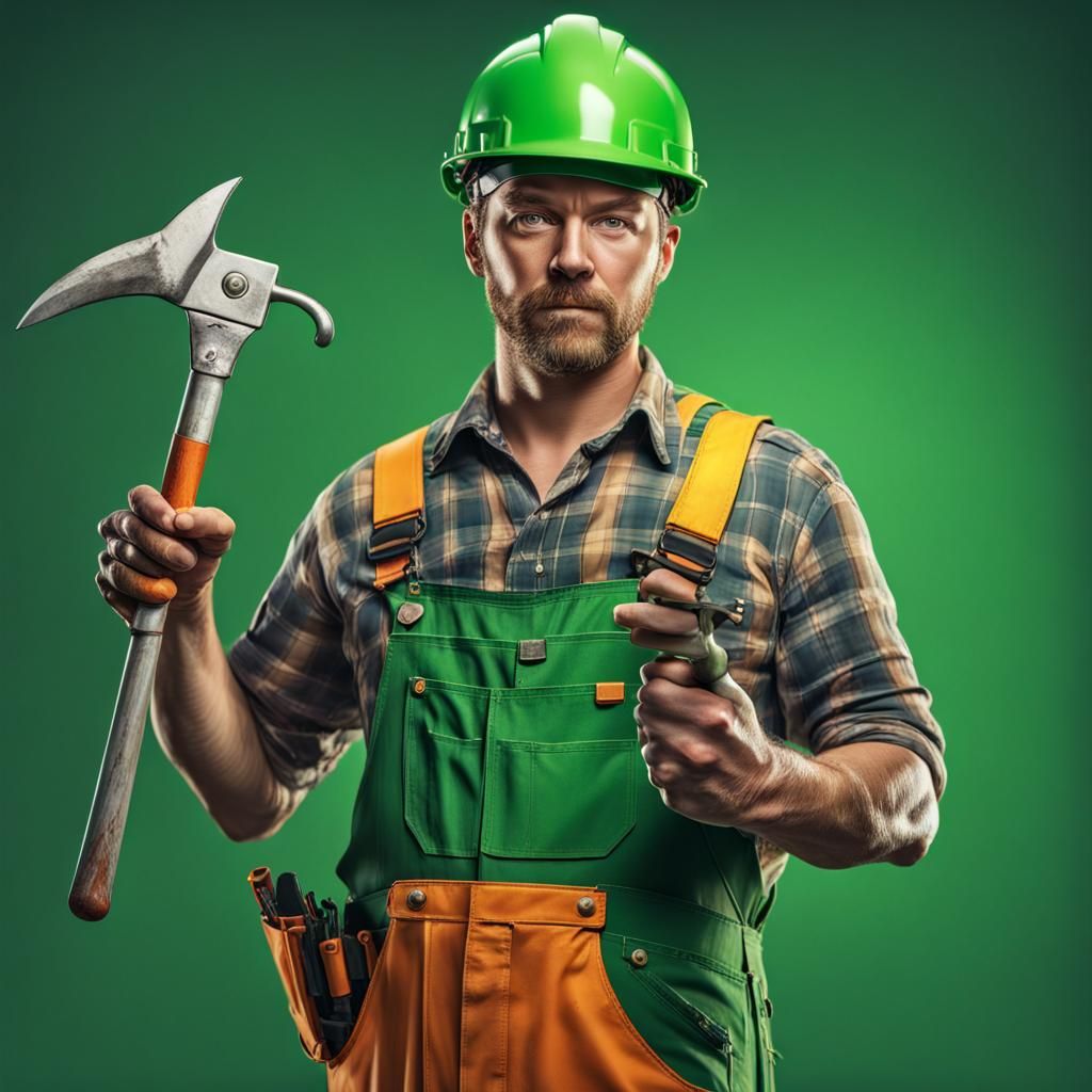 Construction Worker Shows Tool: Hyperrealistic Concept Art