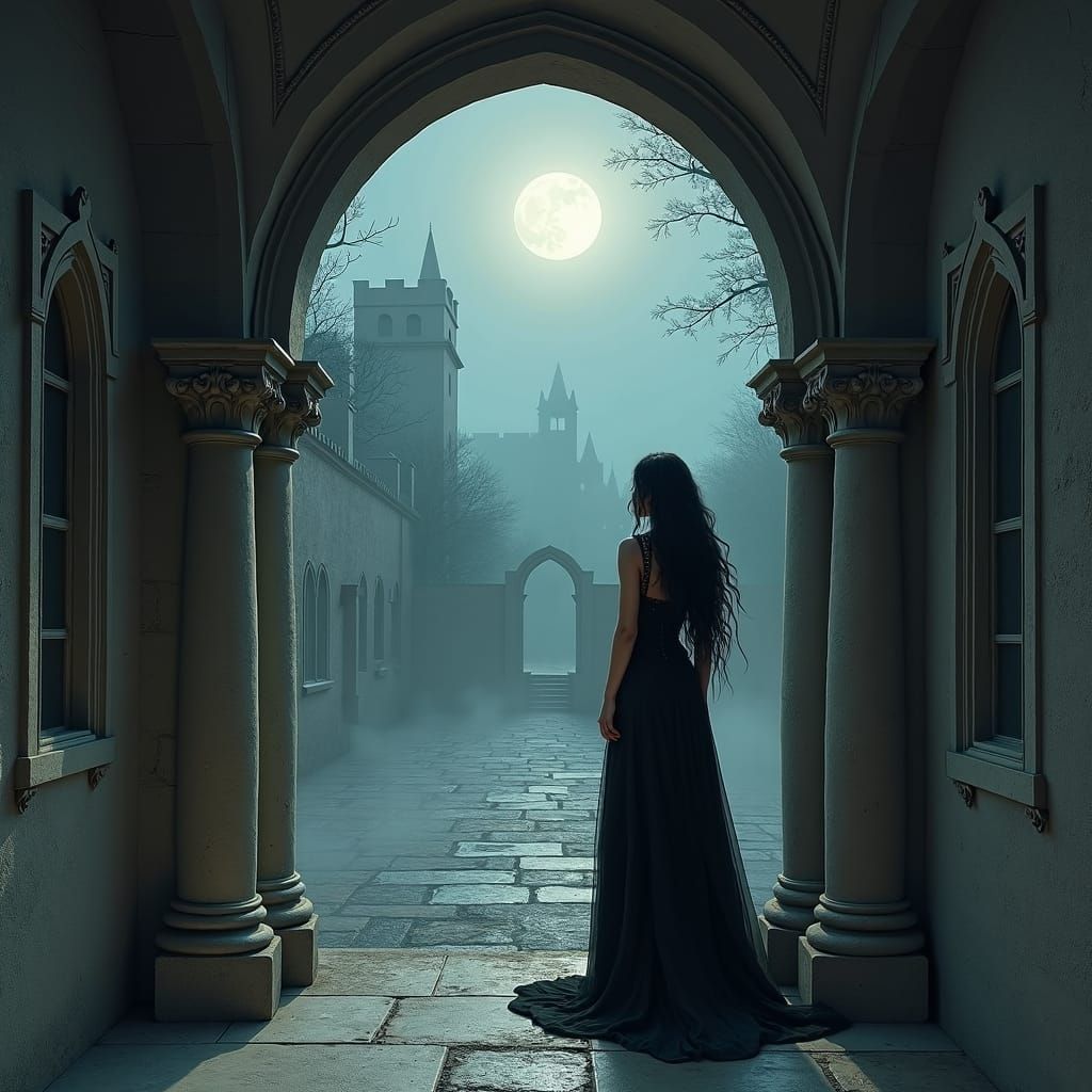 Gothic Beauty in Moonlit Castle: Digital Matte Painting