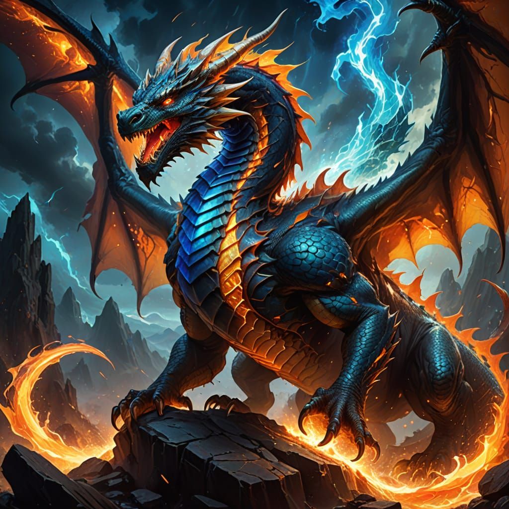 Massive Elemental Dragon Ascends in Fiery Oil Painting