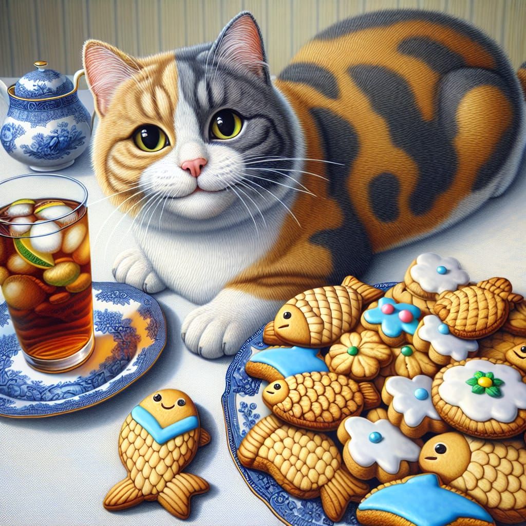 Calico Cat Serves Cookies in Charming Painting