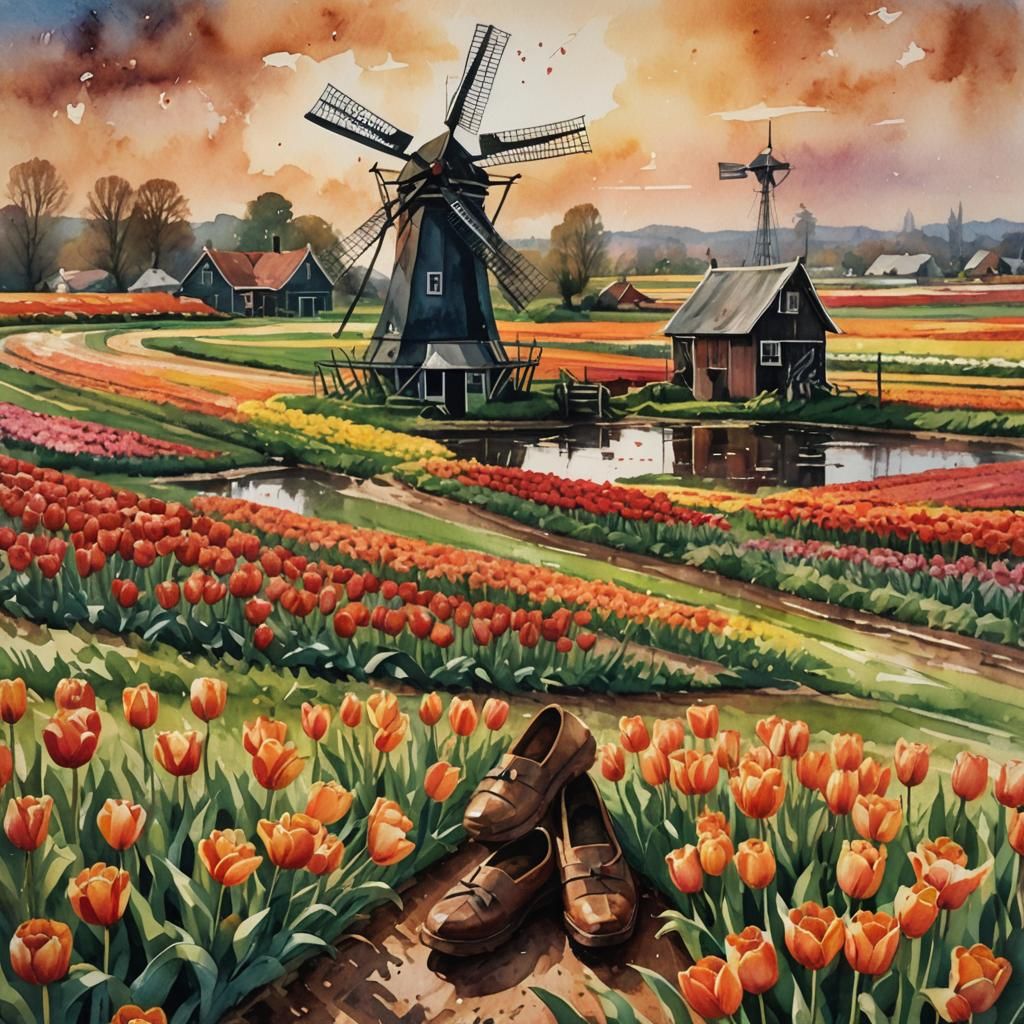 Dutch Windmill, Tulips, and Clogs in Impressionist Style