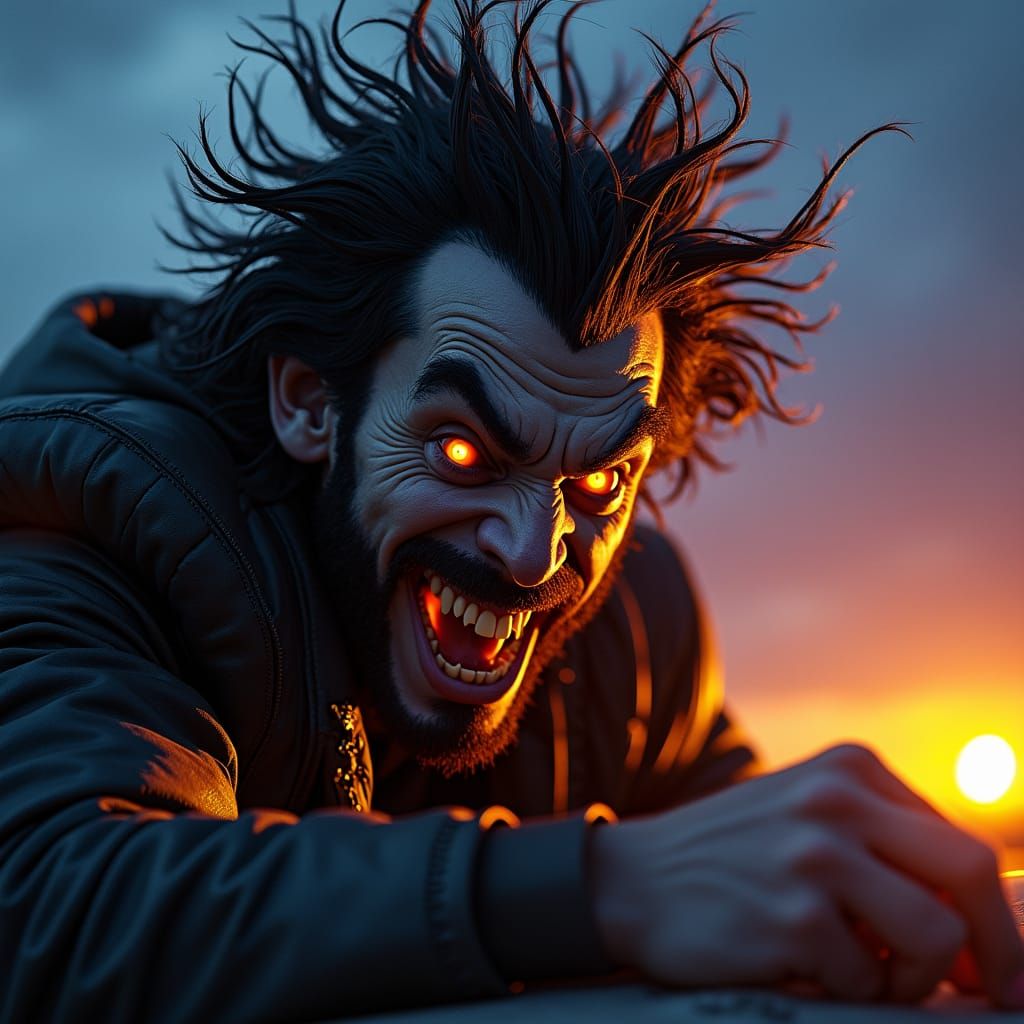 Menacing Grin in Cyberpunk Twilight