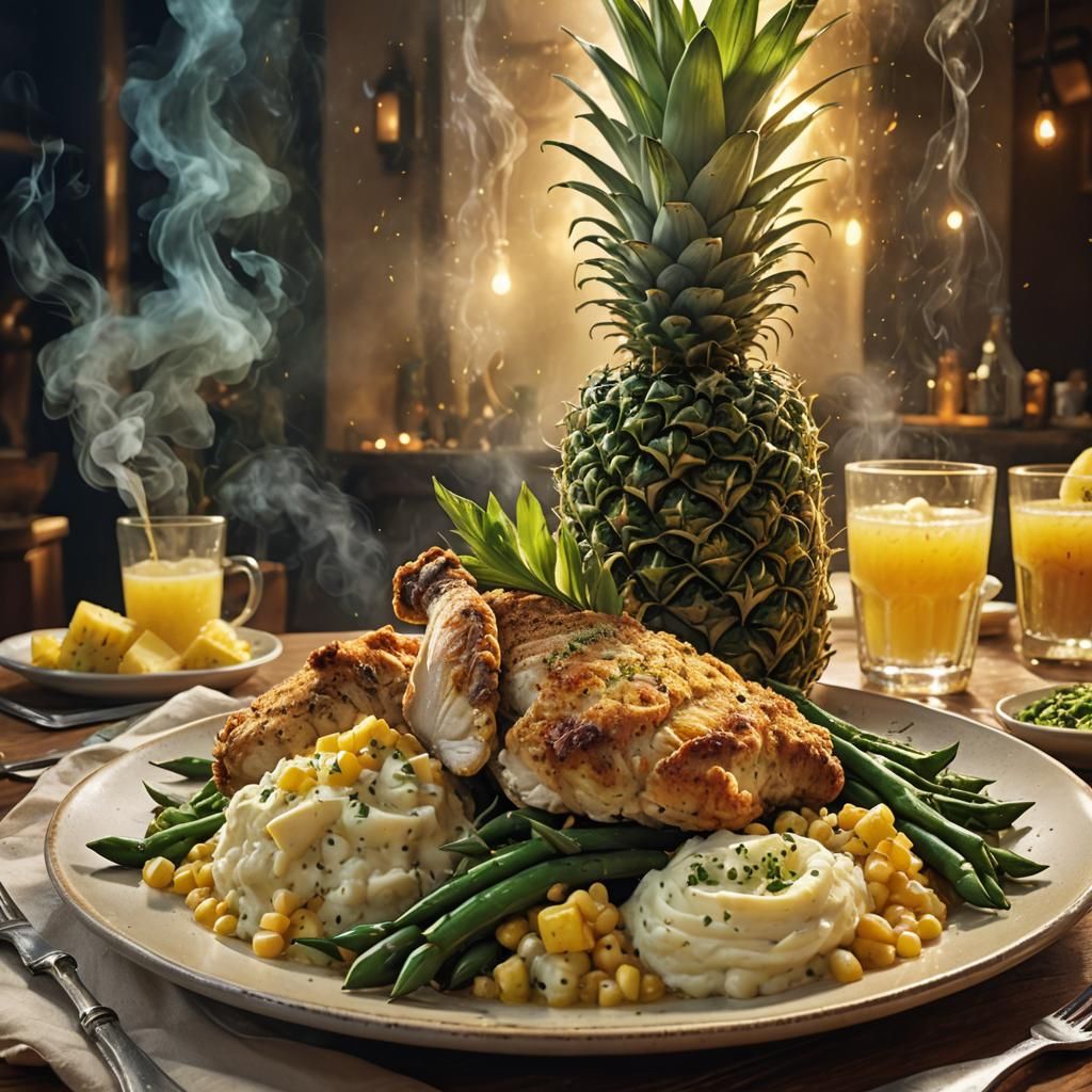 Herb-Crusted Chicken Dinner, Dreamlike Digital Art