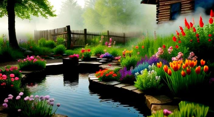 Misty Cabin Garden with Glowing Flowers