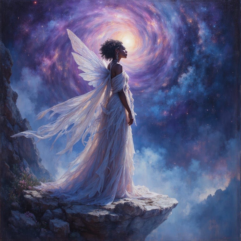 Cosmic Fairy Goddess Overseeing Nebula in Oil Texture