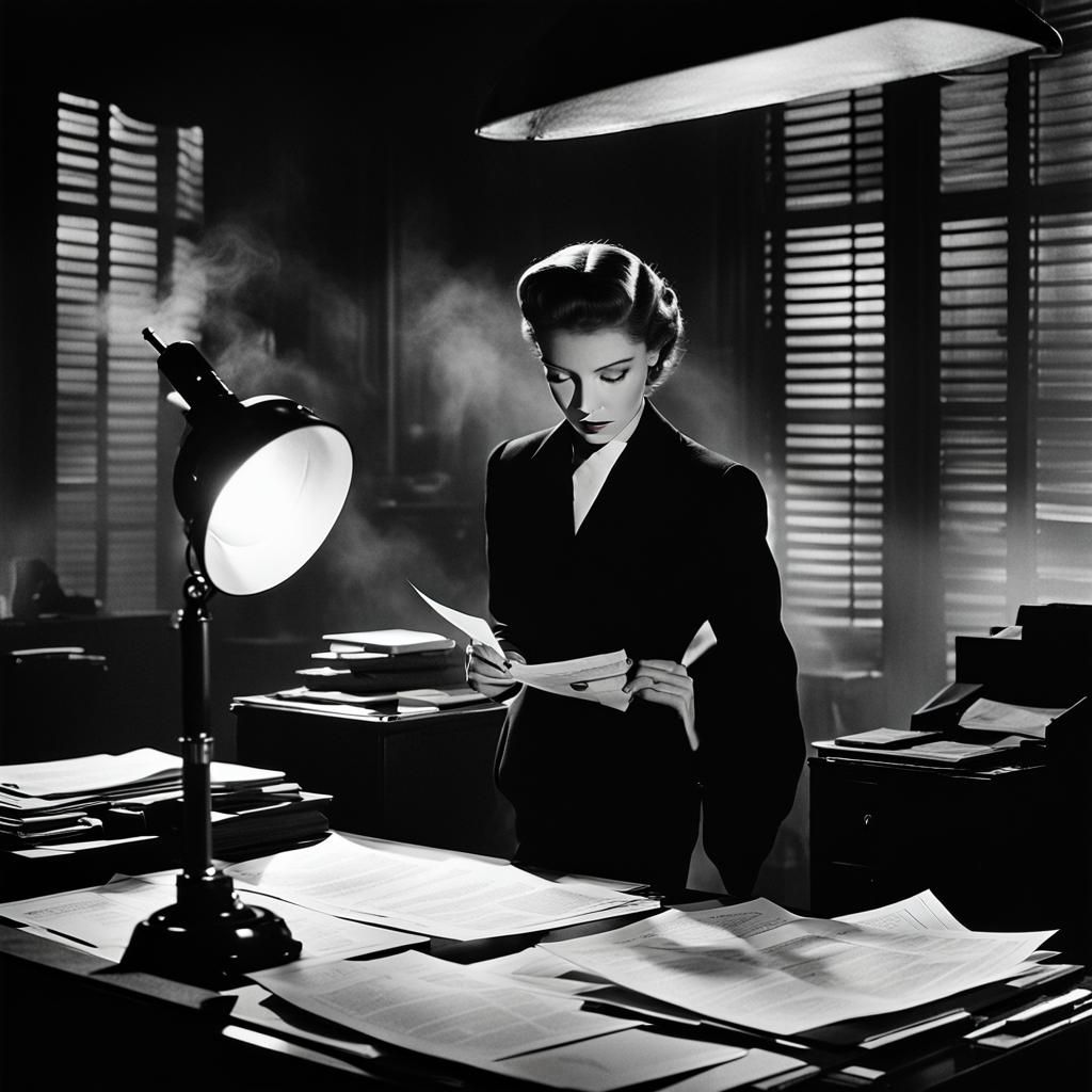 Mysterious Woman Examines Document in Film Noir Style