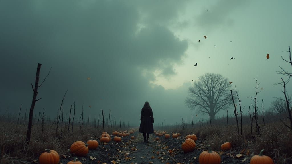 Barren Pumpkin Patch: Winter's Approach in Cinematic Style